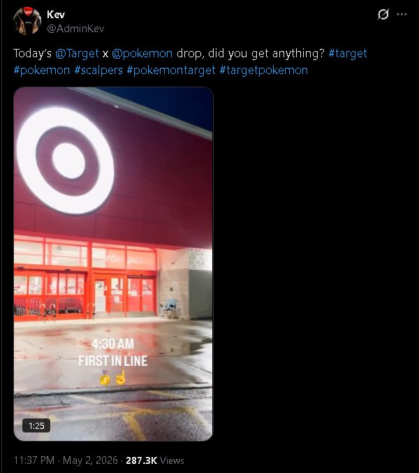 Tweet from @AdminKev showing scalpers lining up at Target at 4:30 AM for the Pokémon drop