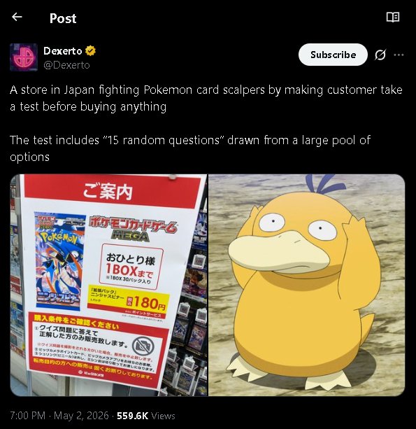 Dexerto tweet about Japanese store fighting Pokemon scalpers with a 15-question test
